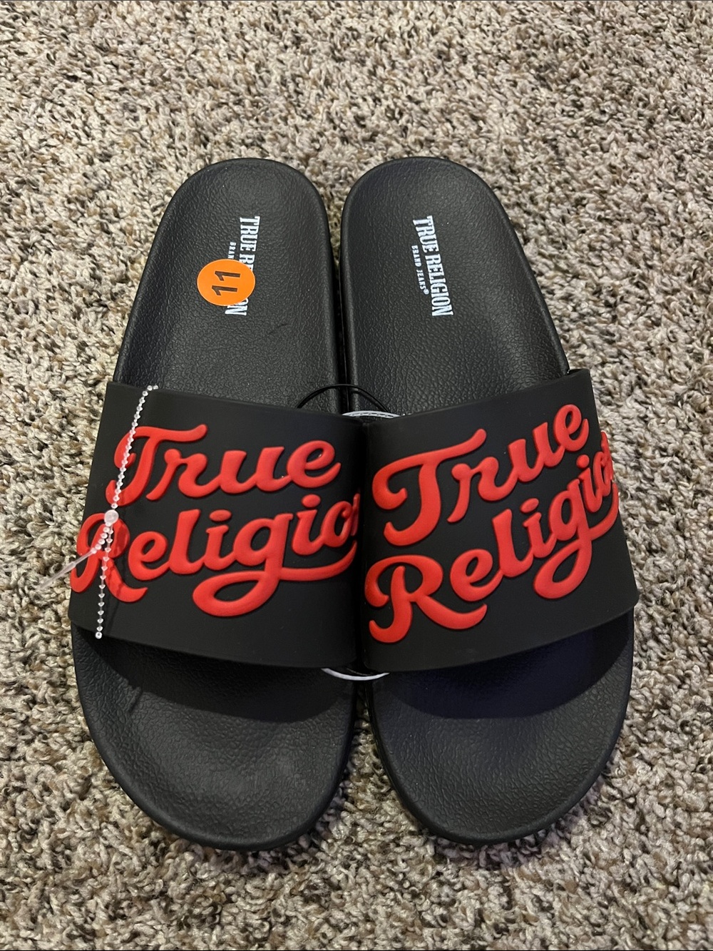 True Religion Black Slides with Red Script Logo